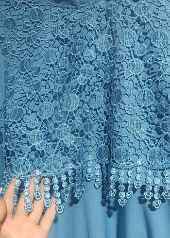 Mavi Nakışlı Uzun Kollu Dantel Elbise - Görsel 2