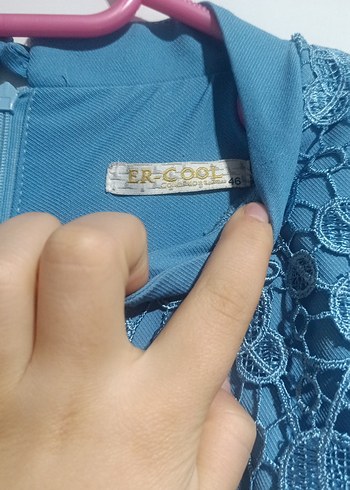 Mavi Nakışlı Uzun Kollu Dantel Elbise - Görsel 3