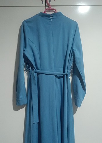 Mavi Nakışlı Uzun Kollu Dantel Elbise - Görsel 4