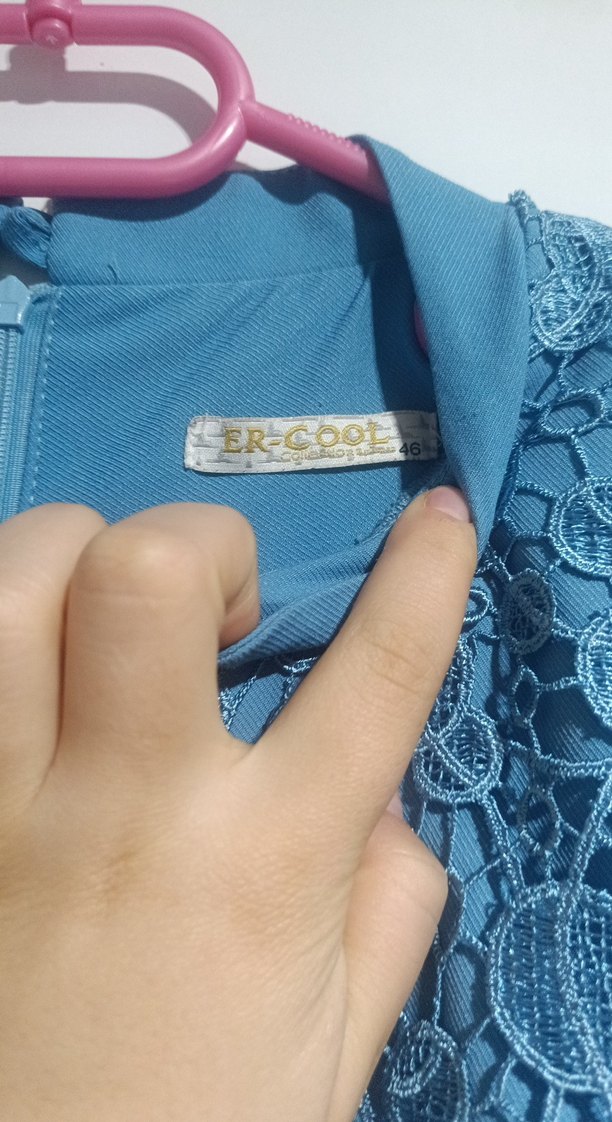 Mavi Nakışlı Uzun Kollu Dantel Elbise - Görsel 3