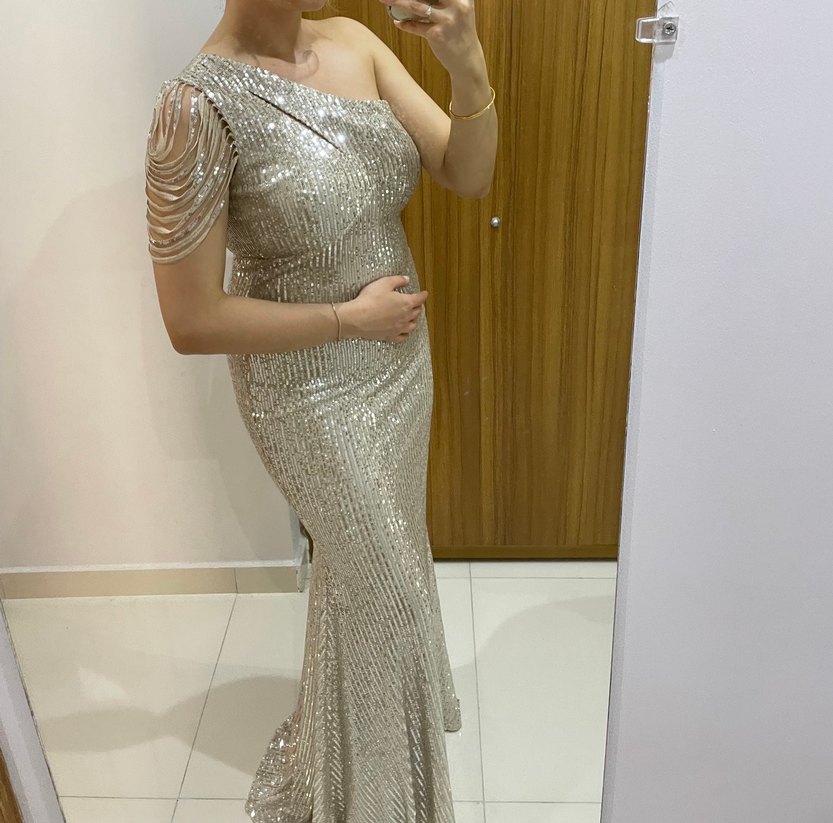 Parlak Bej Pul Desenli Drapeli Uzun Abiye - Görsel 2