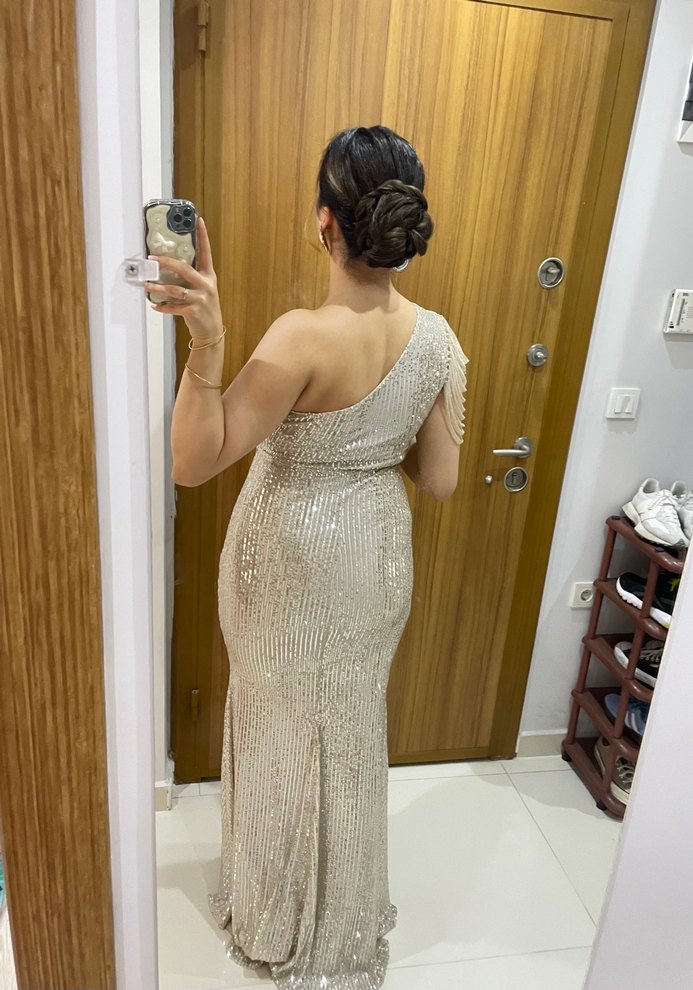 Parlak Bej Pul Desenli Drapeli Uzun Abiye - Görsel 3