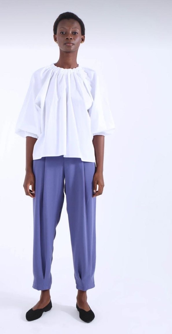 Beyaz Pamuklu Salaş lastikli gömlek bluz - Görsel 2