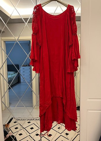 Kırmızı Bohem Nakışlı Uzun Kollu Elbise - Görsel 5