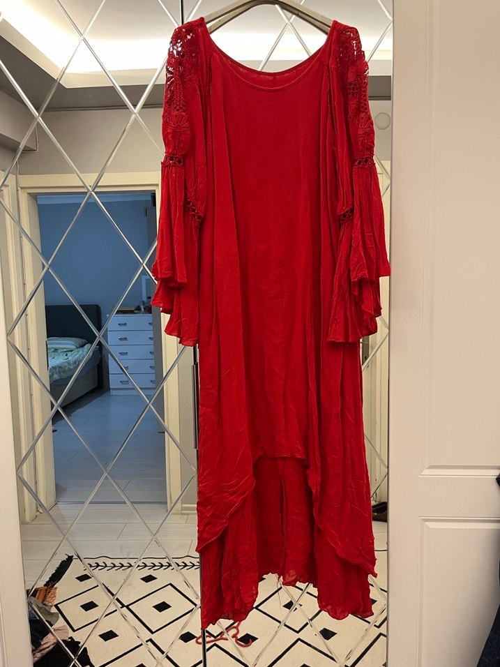 Kırmızı Bohem Nakışlı Uzun Kollu Elbise - Görsel 5