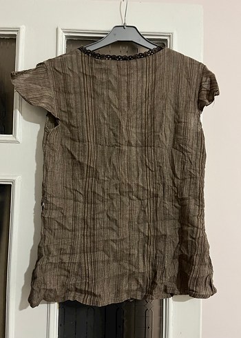 Kahverengi Düğmeli Kısa Kollu Şifon Gömlek - Görsel 2