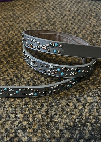 Gri Deri Taşlı Yıldızlı Studded Kemer - Görsel 2