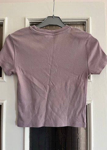 Lila Kısa Kollu Basic Crop Tişört - Görsel 2