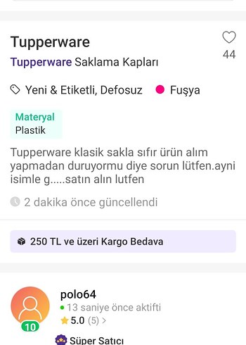  Beden Mor Tupperware Yuvarlak Saklama Kabı