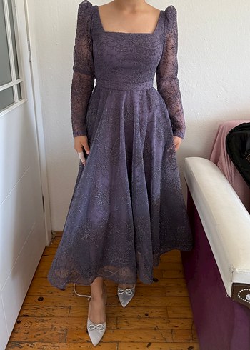 Dantel Detaylı Vintage Mor Uzun Abiye - Görsel 5