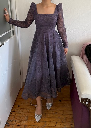 Dantel Detaylı Vintage Mor Uzun Abiye - Görsel 6