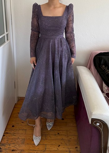 Dantel Detaylı Vintage Mor Uzun Abiye - Görsel 4