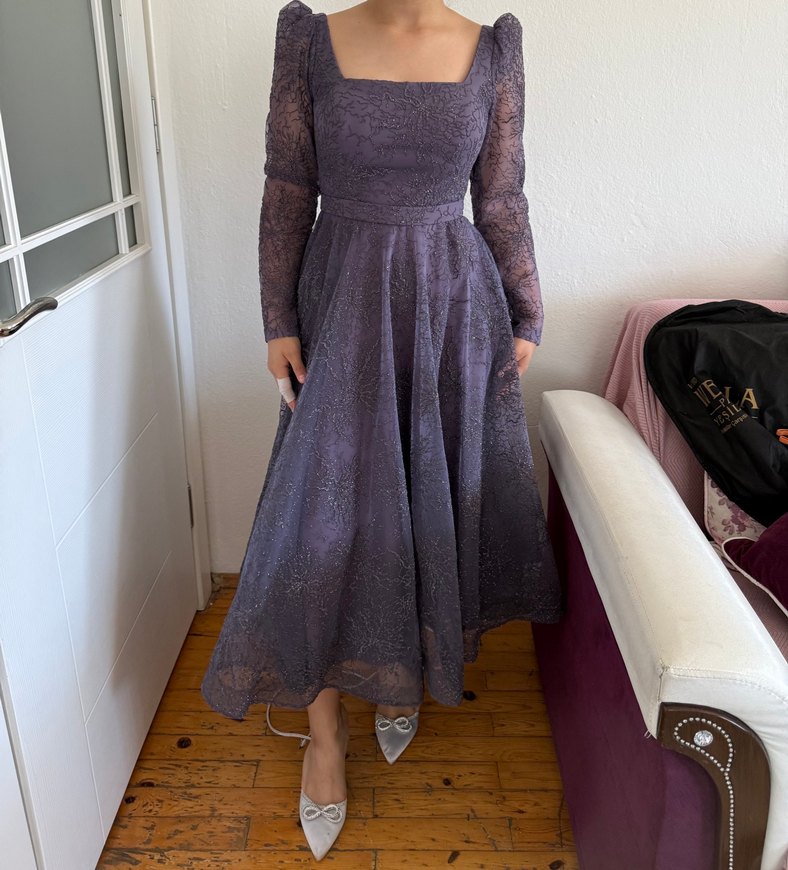 Dantel Detaylı Vintage Mor Uzun Abiye - Görsel 5
