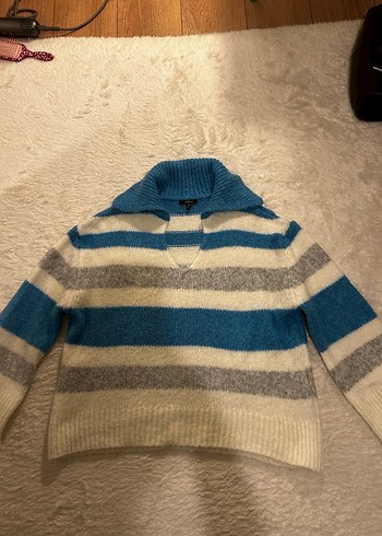 V Yaka Mavi Beyaz Çizgili Triko Kazak - Görsel 6