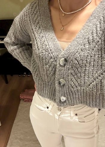 Gri V Yaka Örgü Kadın Hırka - Görsel 3