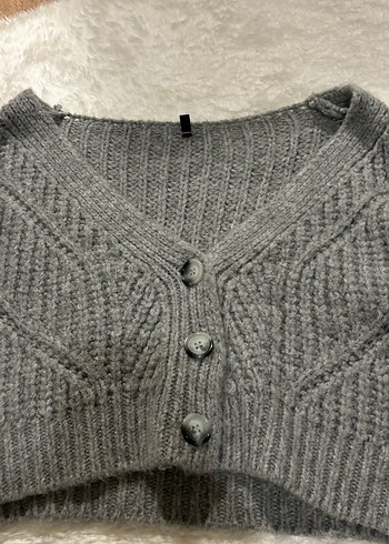 Gri V Yaka Örgü Kadın Hırka - Görsel 6