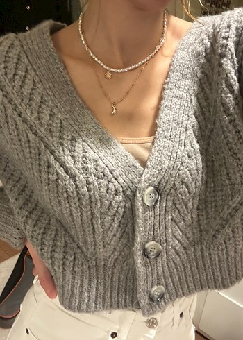 Gri V Yaka Örgü Kadın Hırka - Görsel 4