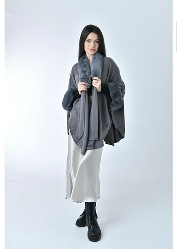 Siyah Kadın Kapüşonlu Uzun Kollu Poncho - Görsel 6