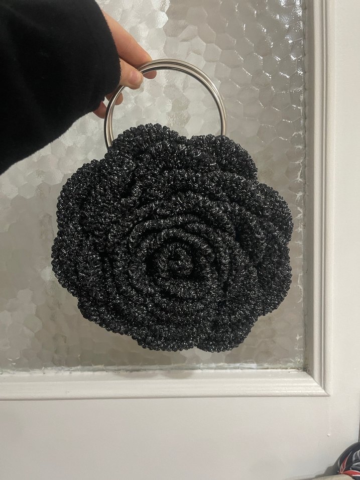 Siyah Gri Nakışlı Örgü Kadın Çanta - Görsel 4