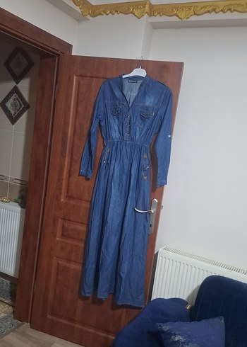 Düğmeli Lacivert Uzun Denim Elbise