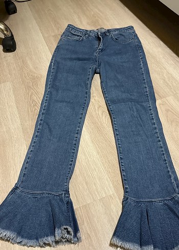 Fırfırlı Gri Mavi Kadın Denim Jean