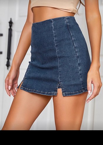 Parlak Mavi Mini Denim şort Etek