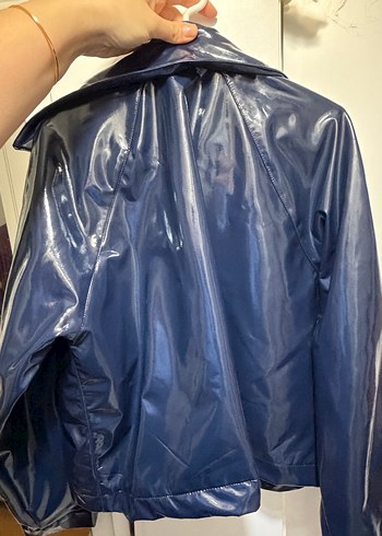 Düğmeli Parlak Mavi Deri Kadın Ceket - Görsel 2