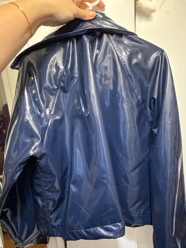 Düğmeli Parlak Mavi Deri Kadın Ceket - Görsel 2