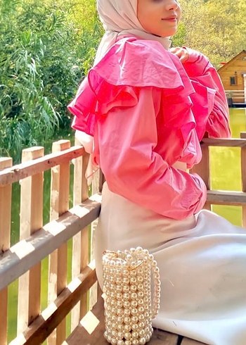 Pembe Uzun Kollu Fırfırlı Kadın Bluz - Görsel 2