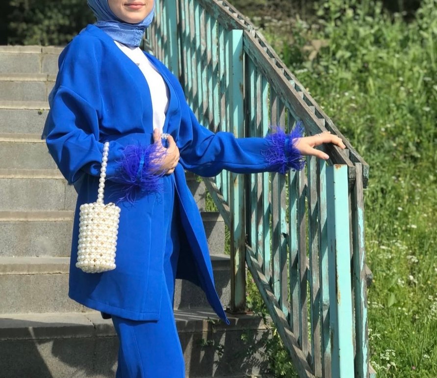 Mavi Uzun Kadın Takım Kürk Detaylı - Görsel 2