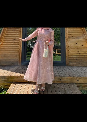 SATILIKTIR Uzun Kollu Pembe Dantel Nakışlı Abiye Elbise - Görsel 5