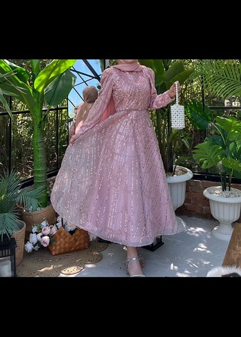 SATILIKTIR Uzun Kollu Pembe Dantel Nakışlı Abiye Elbise - Görsel 2