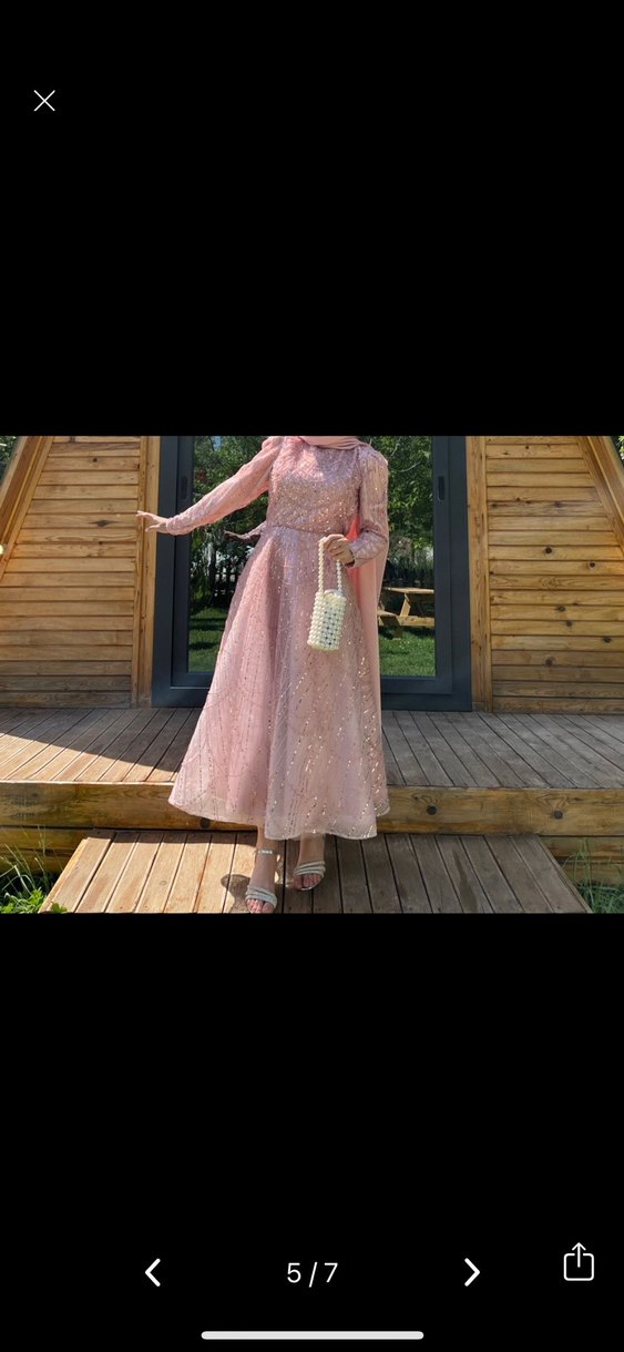 SATILIKTIR Uzun Kollu Pembe Dantel Nakışlı Abiye Elbise - Görsel 5