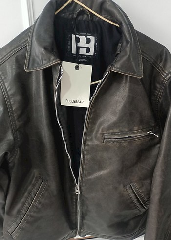 Pull and Bear Deri Erkek Biker Ceket, Fermuarlı, Gri
