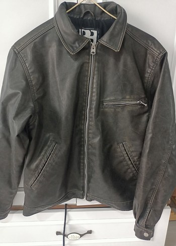 Deri Erkek Biker Ceket, Fermuarlı, Gri