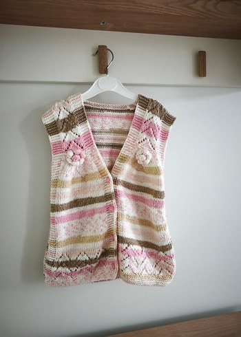 Kız Çocuk Örgü V Yaka Bohem Yelek - Görsel 2