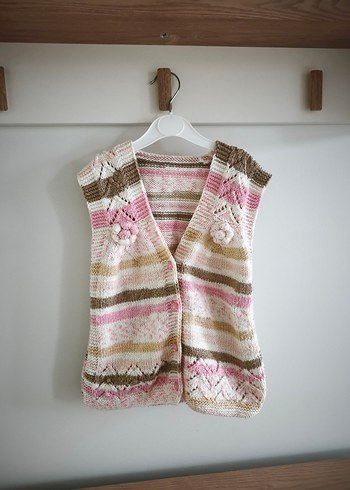 Kız Çocuk Örgü V Yaka Bohem Yelek - Görsel 4