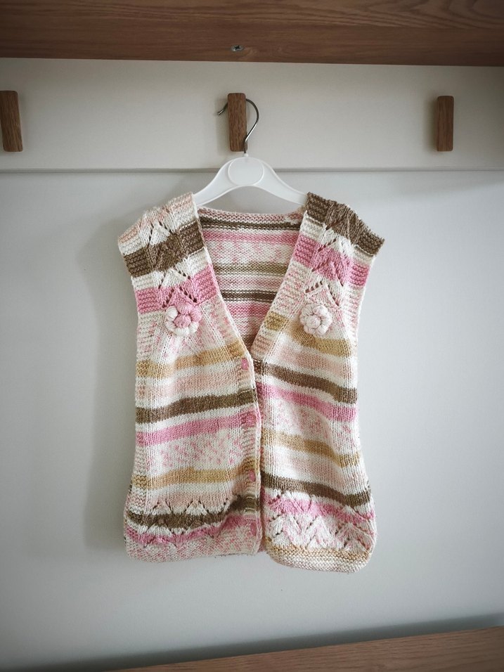 Kız Çocuk Örgü V Yaka Bohem Yelek - Görsel 4