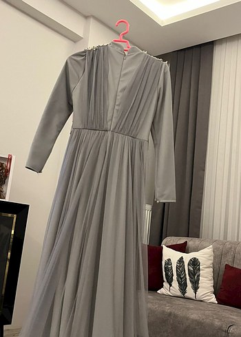 Gri Drapeli Uzun Abiye Elbise - Görsel 2