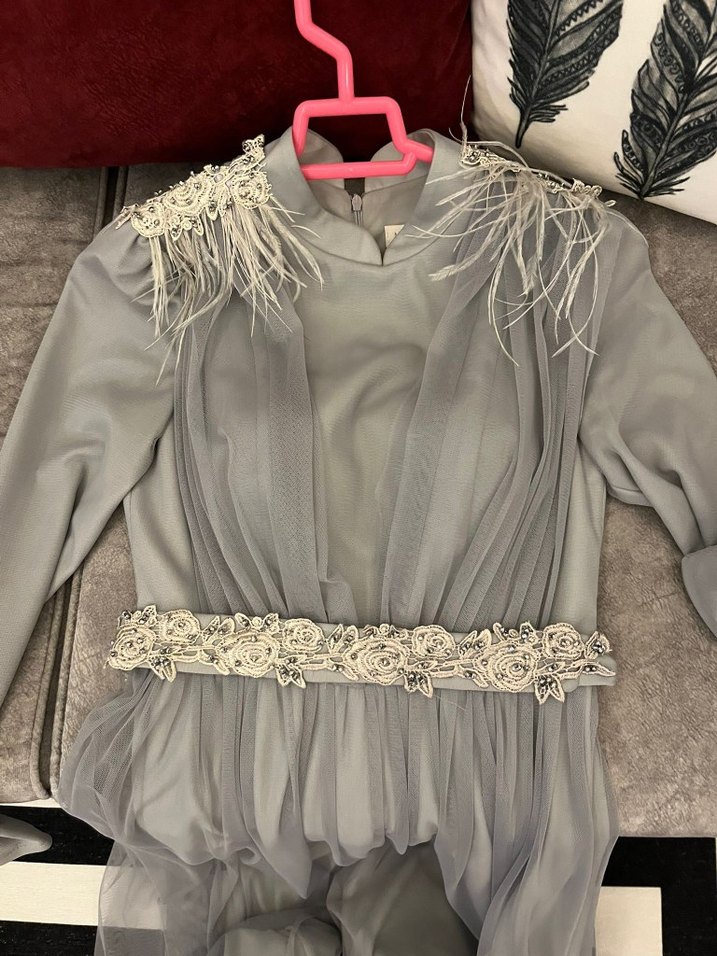 Gri Drapeli Uzun Abiye Elbise - Görsel 3