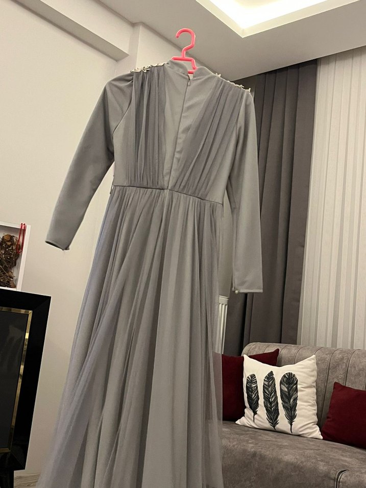 Gri Drapeli Uzun Abiye Elbise - Görsel 2