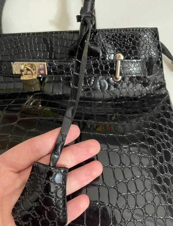 Klasik Siyah Yılan Derisi Desenli Deri Çanta - Görsel 3