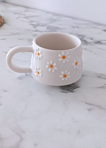 Beyaz Papatya Desenli Seramik Kupa - Görsel 3