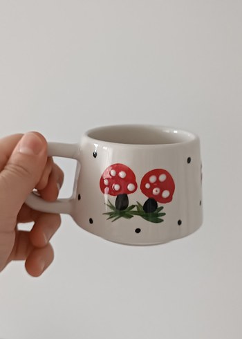 Renkli Mantar Desenli Beyaz Seramik Kupa - Görsel 3