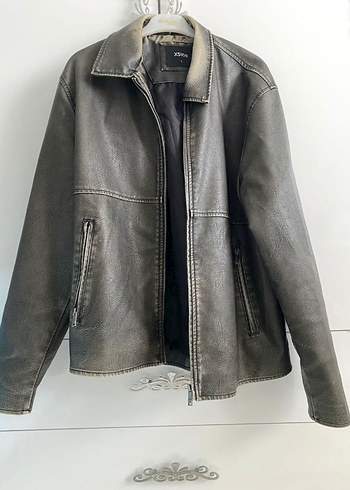 l Beden Haki Deri Erkek Biker Ceket