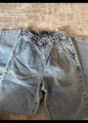 Diğer Düğmeli Gri Mavi Rahat Kesim Kadın Kot Pantolon