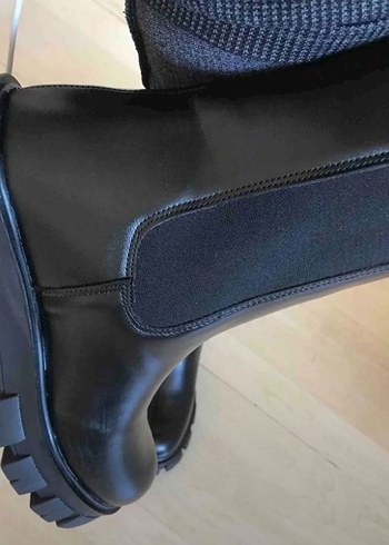Siyah Deri Platform Topuklu Biker Bot