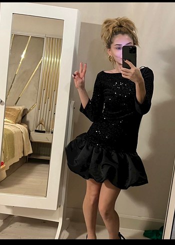 Siyah Parlak Mini Kadın Abiye Elbise - Görsel 3