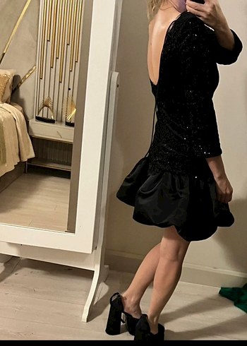 Siyah Parlak Mini Kadın Abiye Elbise - Görsel 2