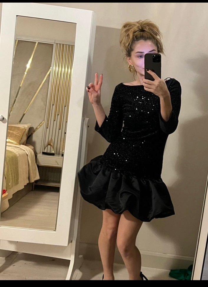 Siyah Parlak Mini Kadın Abiye Elbise - Görsel 3